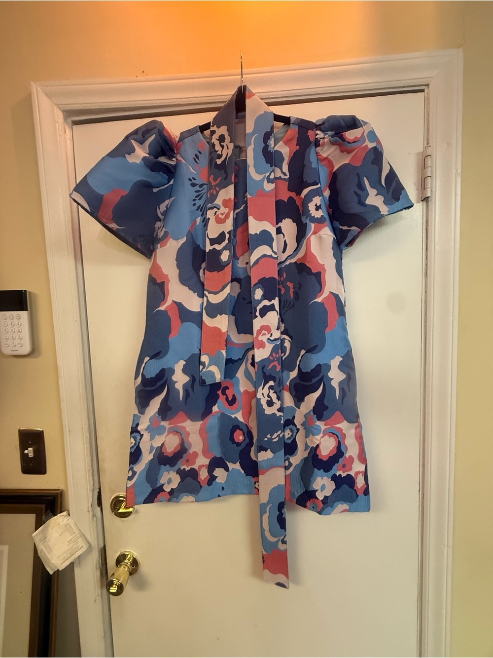 Floral Tie-Neck Short Sleeve Dress in Blue and Pink